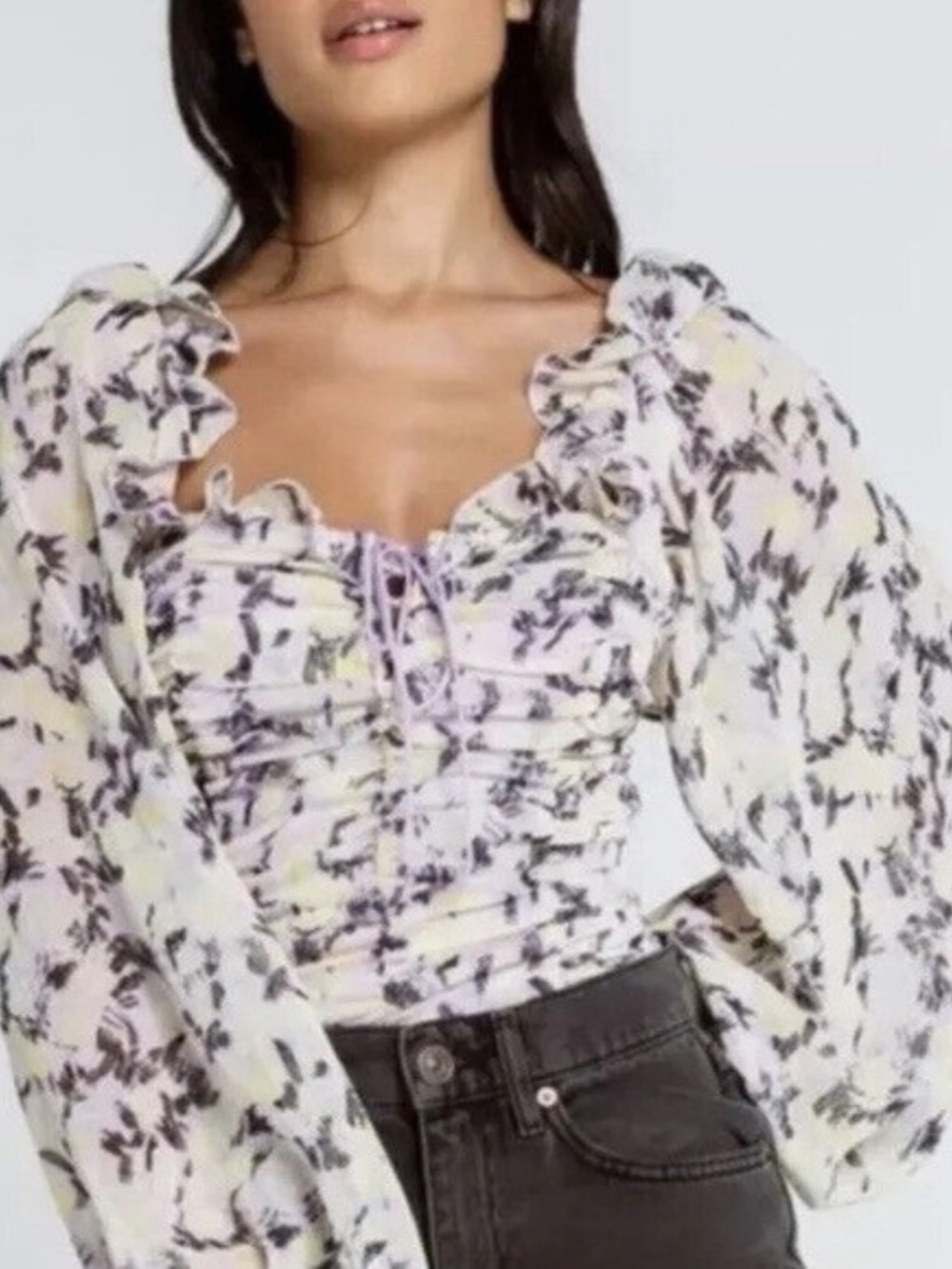 NWOT Free People Lavender and Yellow Floral Ruched Blouse